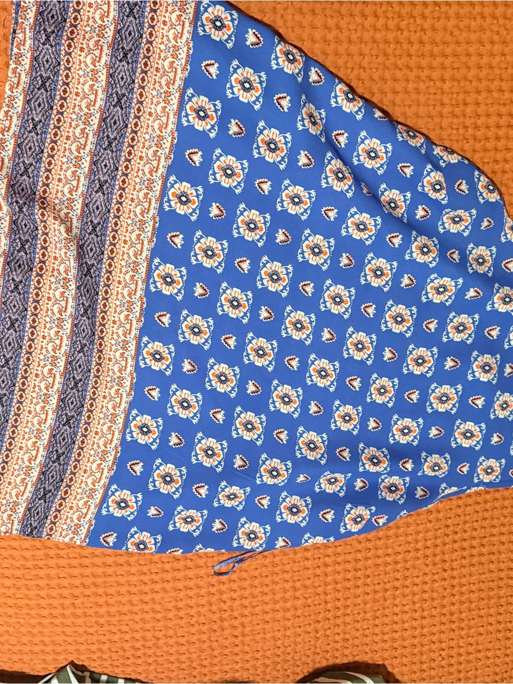 Pink Rose Blue Floral Border Skirt with Orange Accents